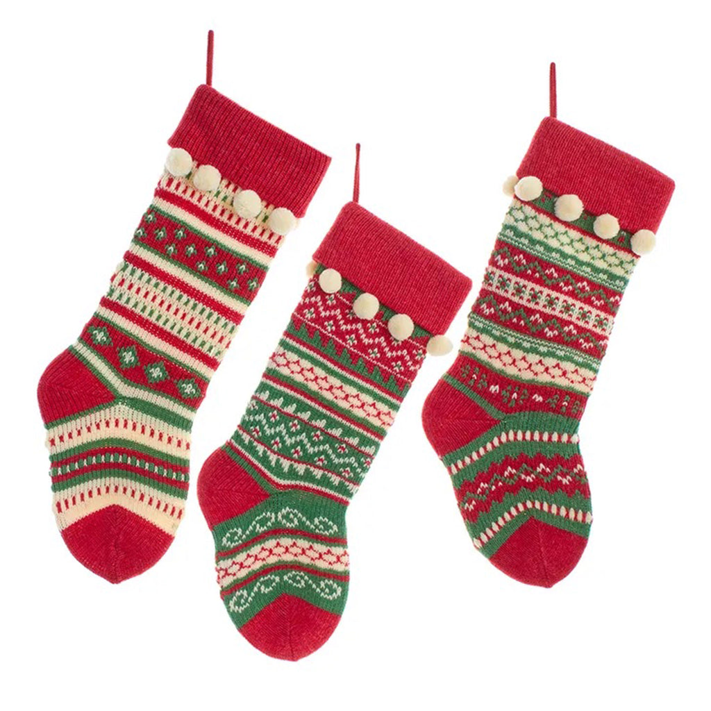 Kurt Adler Red, Green and White Heavy Knit Christmas Stockings in 3 different designs, each with red toe, heel and top cuff and trimmed with white pompoms.