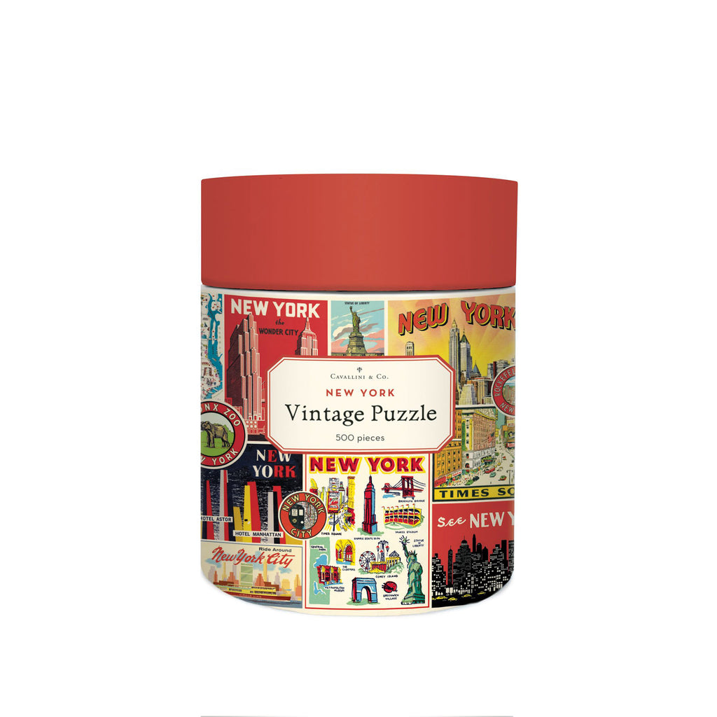 500 piece Cavallini & Co New York Collage Vintage Jigsaw Puzzle in round canister with red lid.