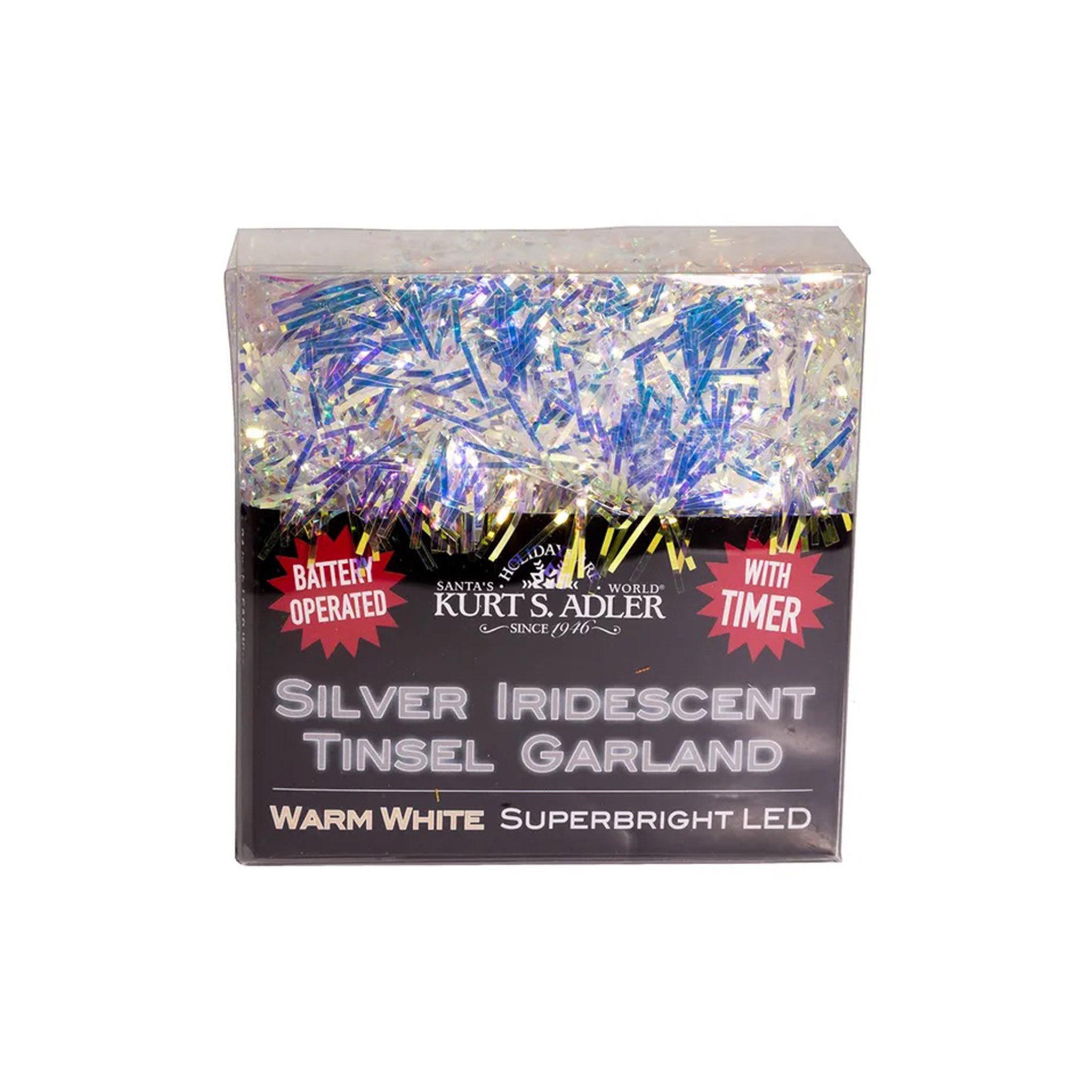 Warm White LED Silver Iridescent Tinsel Garland – Annie's Blue Ribbon  General Store
