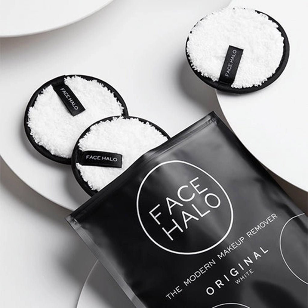 Face Halo Original Reusable Microfiber Makeup Remover Pads, pack of 3 with black pouch packaging.