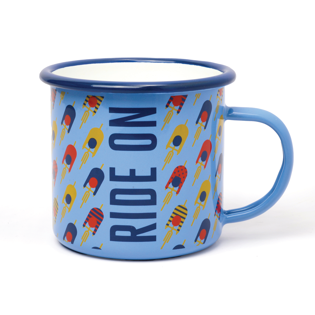 Gentlemen's Hardware Cycling Enamel Mug with yellow, blue and red repeating cyclist graphic and "ride on" in dark blue lettering, handle is on the right.