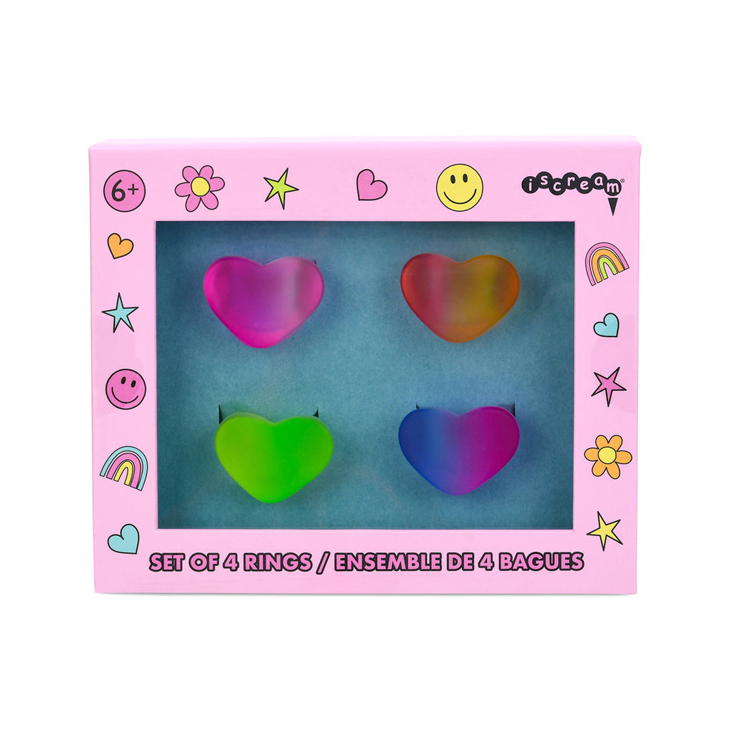 iScream set of 4 ombre colored acrylic heart-shaped rings in pink illustrated box, front view.