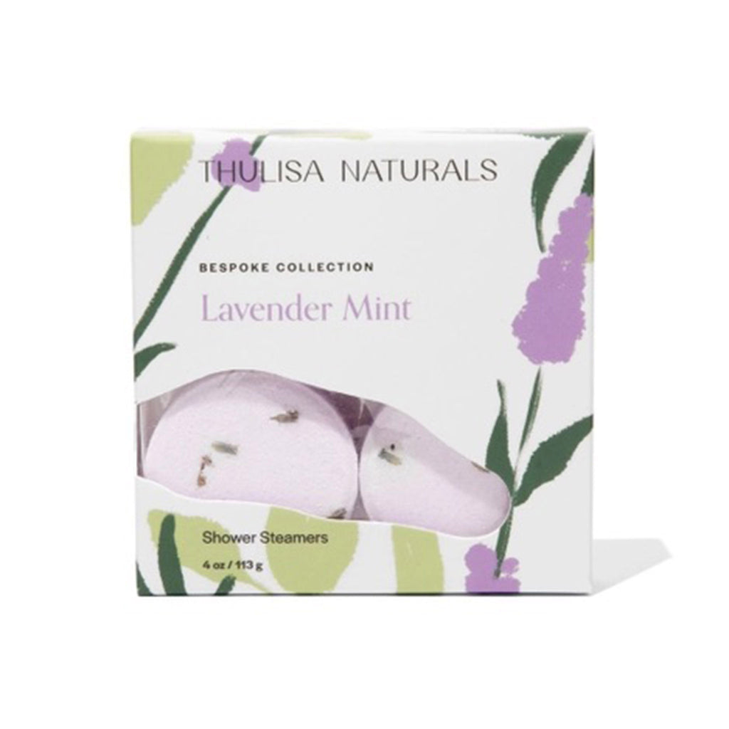 Thulisa Naturals Lavender Mint all natural shower steamers in illustrated box packaging, front view. 