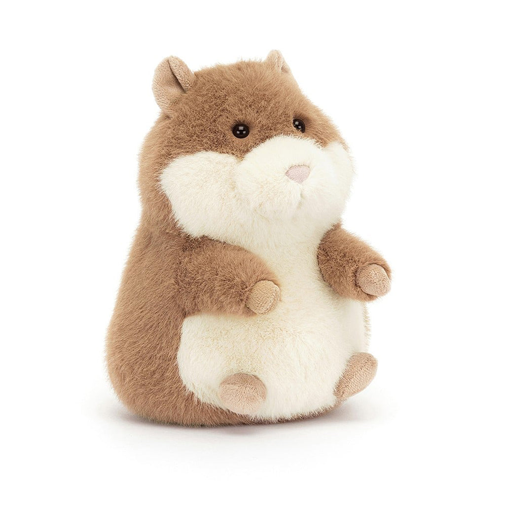 Jellycat Gordy Guinea Pig plush toy with tan and white fur, black bead eyes and a stitched pink nose, front view.
