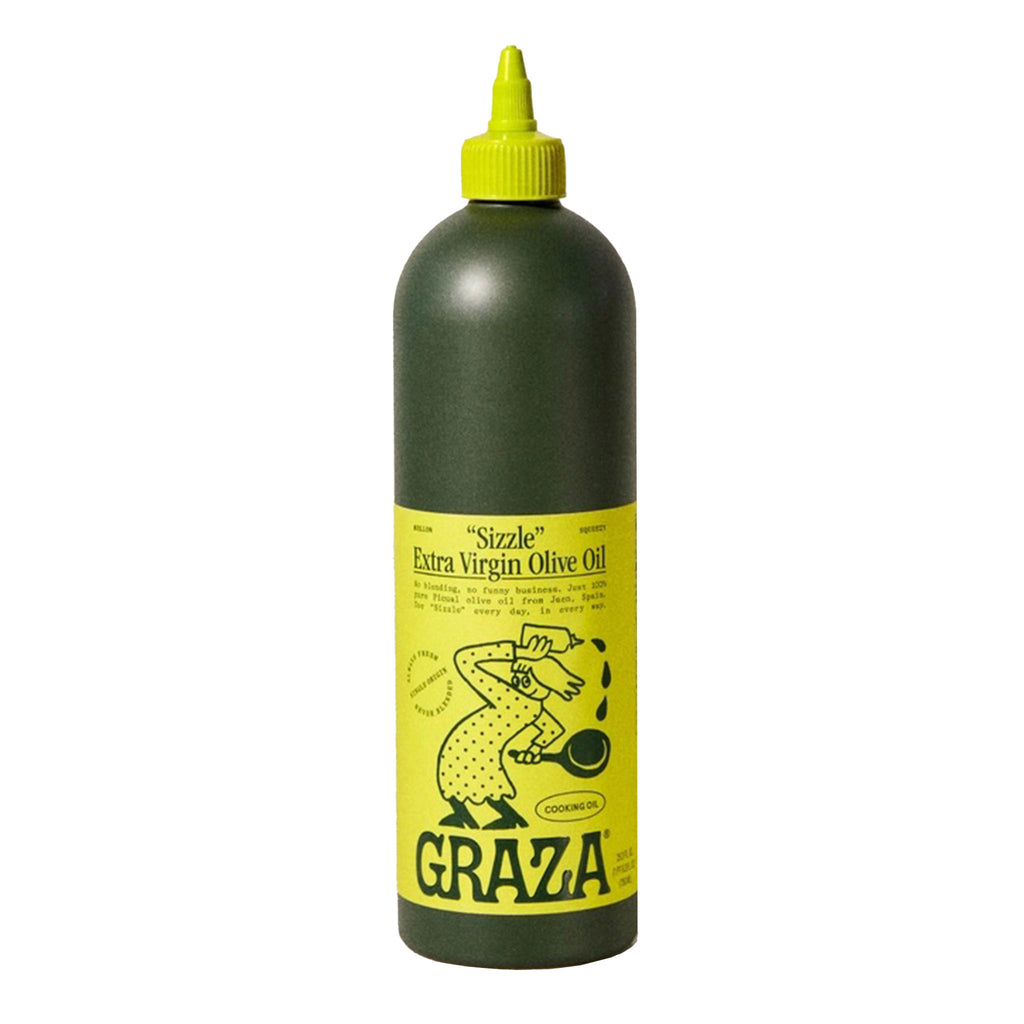 Graza "Sizzle" Extra Virgin Olive Oil in dark green squeeze bottle with yellow label.