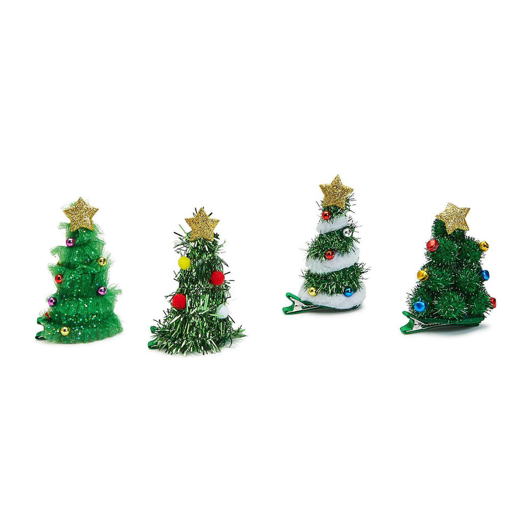 Two's Company Merry and Bright Christmas Tree Clip On Ornament in 4 styles with green sparkly bases, colorful ornaments and topped with a glittery gold star, attached to a silver alligator clip covered in green ribbon.