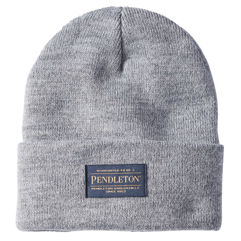Pendleton Woolen Mills solid light heather gray classic ribbed knit winter beanie with Pendleton logo patch on the turn-up brim.