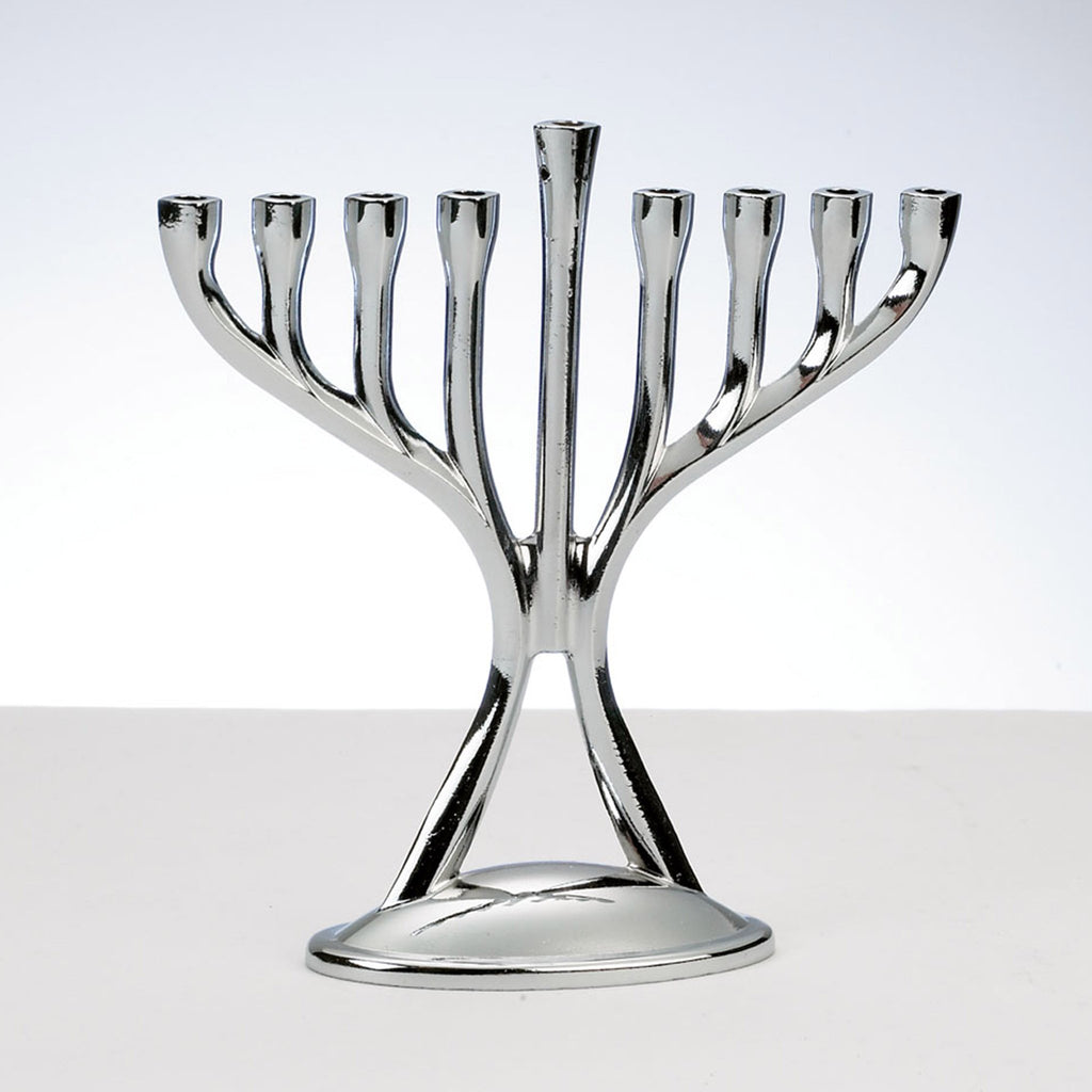 Rite Lite Silvertone Aluminum Mini Modern Menorah on a gray background.