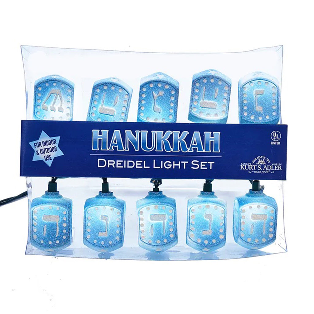 Kurt Adler 10 light Hanukkah Dreidel Light set in box packaging.