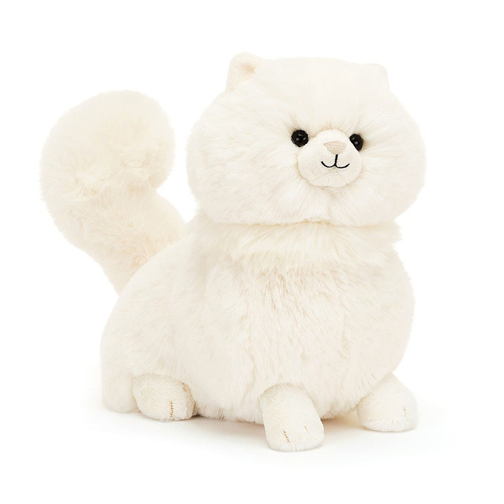 Jellycat Carissa Persian Cat plush toy with fluffy white fur, black bead eyes and a stitched nose, front view.