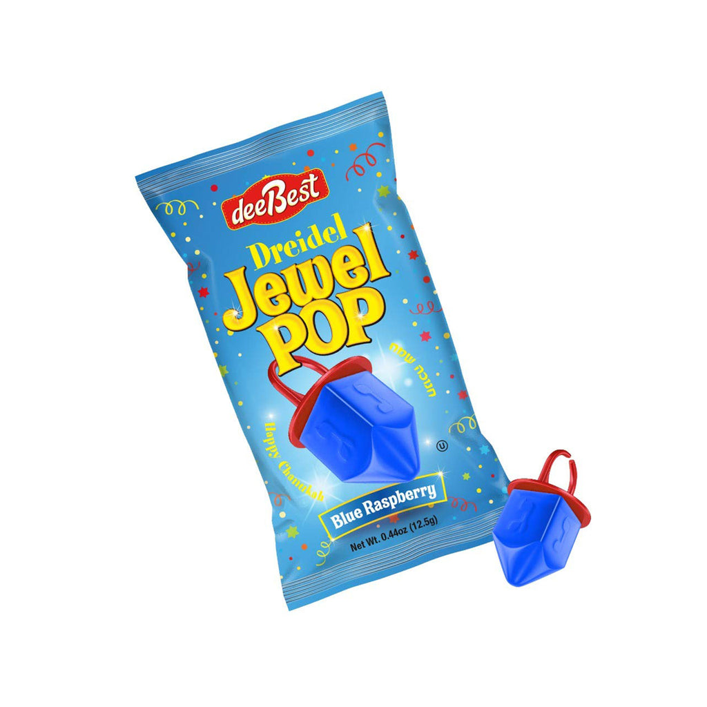 DeeBest Blue Raspberry flavored driedel shaped jewel pop with packaging.