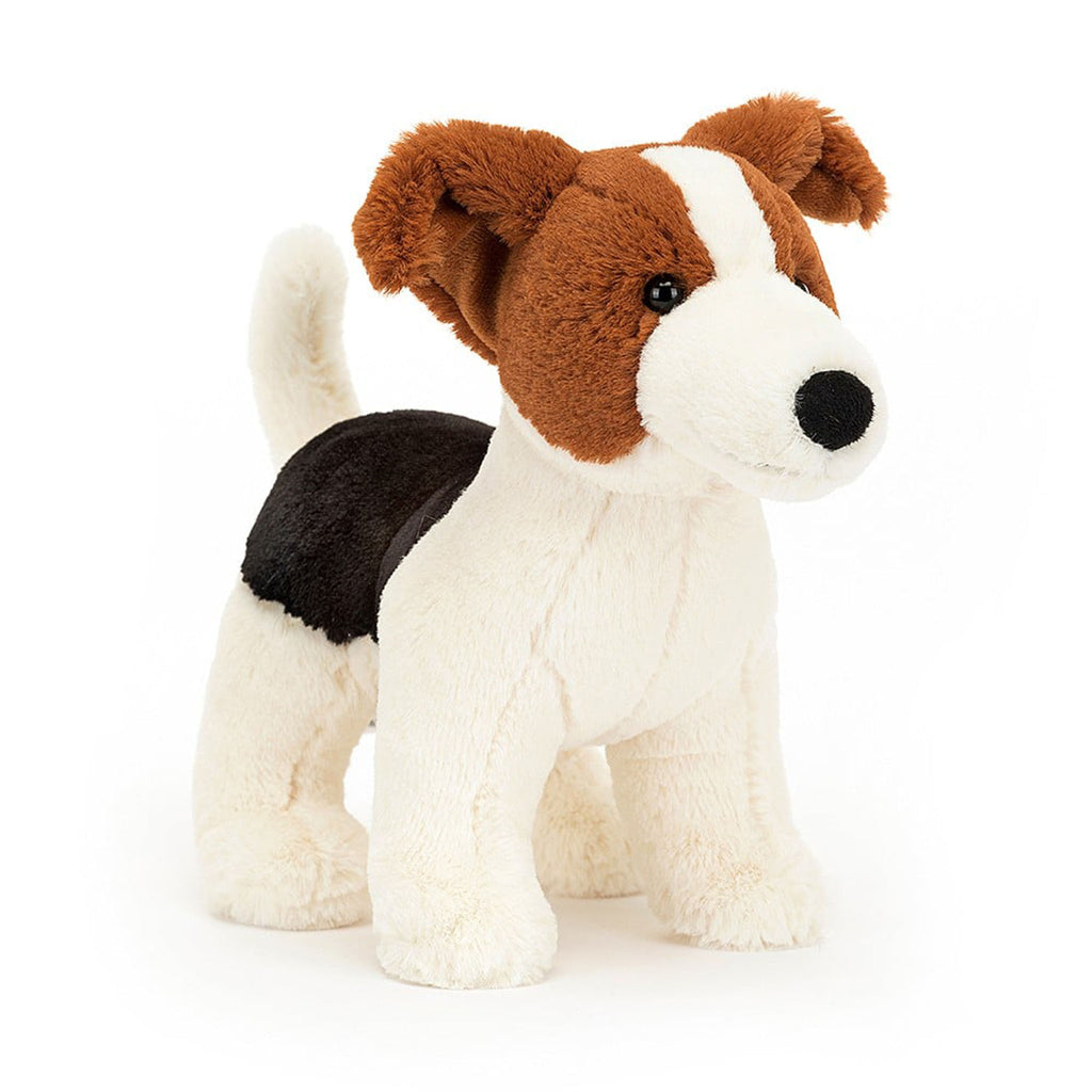 Jellycat Albert Jack Russell cream dog plush toy with brown and black patches, front view.