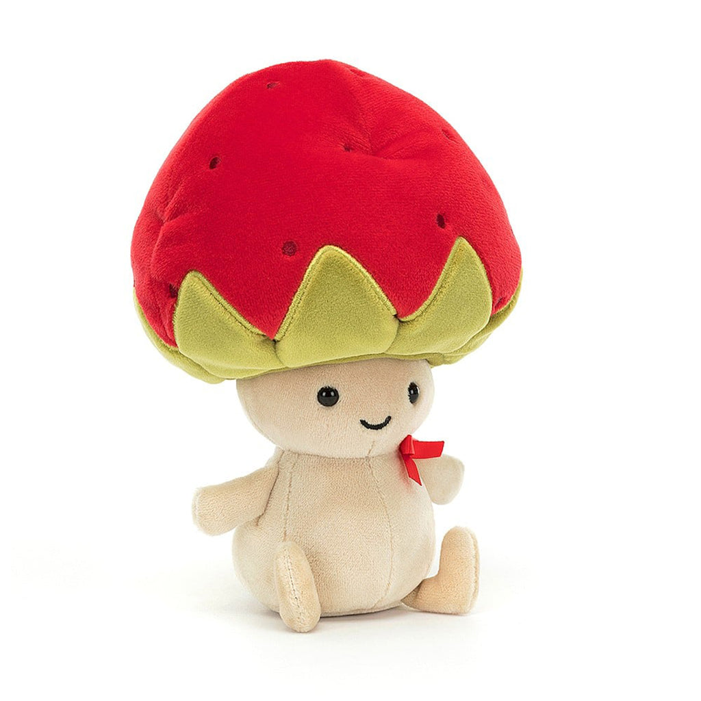 Jellycat Straw-Beret Sallie plush toy with a tan body and an upside down strawberry for a hat, front view.