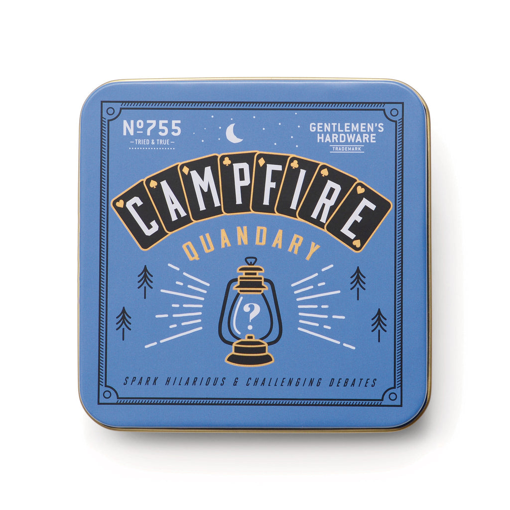 Gentlemen's Hardware Campfire Quandary card game in square blue tin packaging, front view.