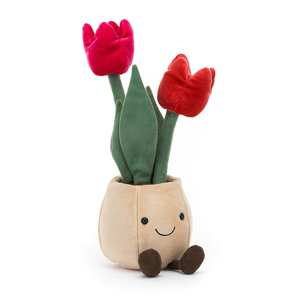 Jellycat Amuseable Tulip Pot plush toy with red flowers and green leaves and stems in a tan felt pot with black bead eyes, stitched smile and brown corduroy feet, front view.