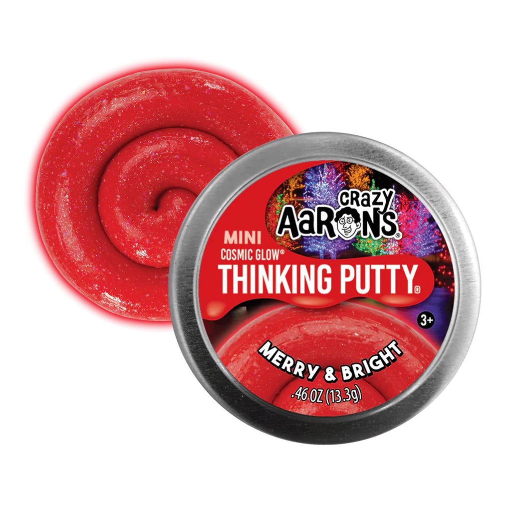 Crazy Aaron's Merry & Bright red glitter holiday Cosmic Glow Thinking Putty in mini tin with swirl.