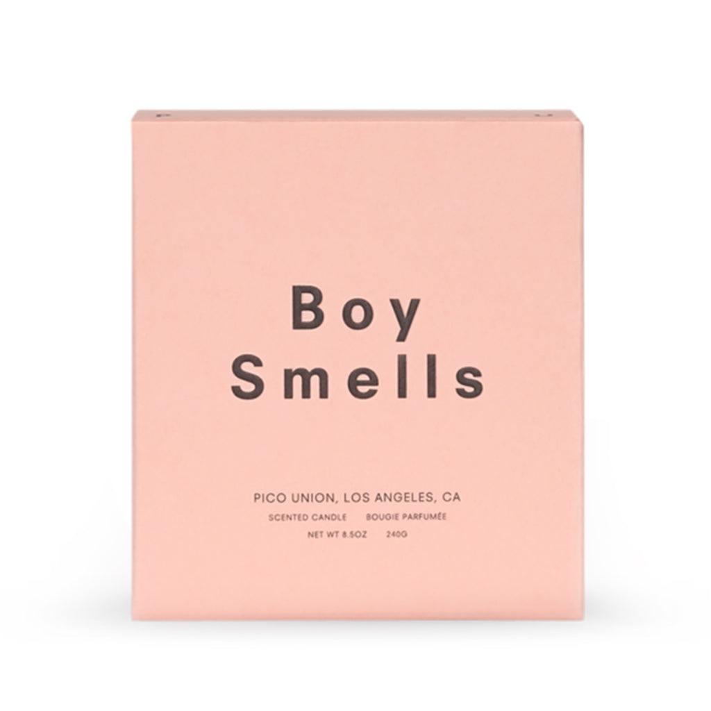 Boy Smells candle pink gift box packaging.