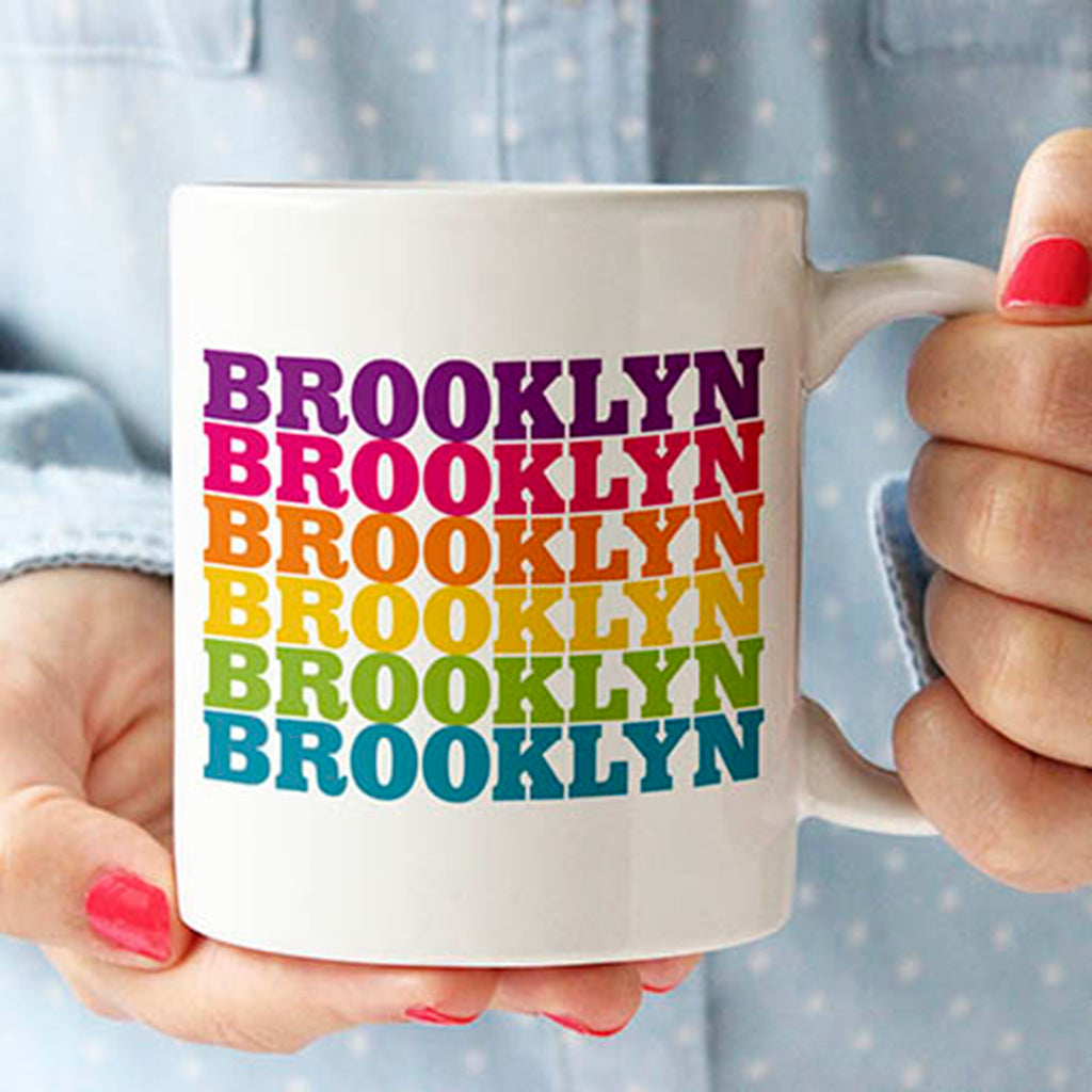 rock scissor paper brooklyn rainbow drop ceramic coffee mug with model