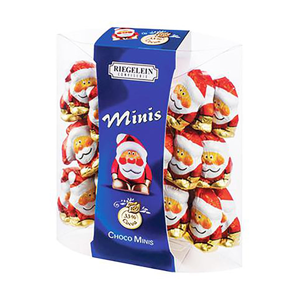 mini chocolate santas wrapped in chocolate in clear plastic pouch