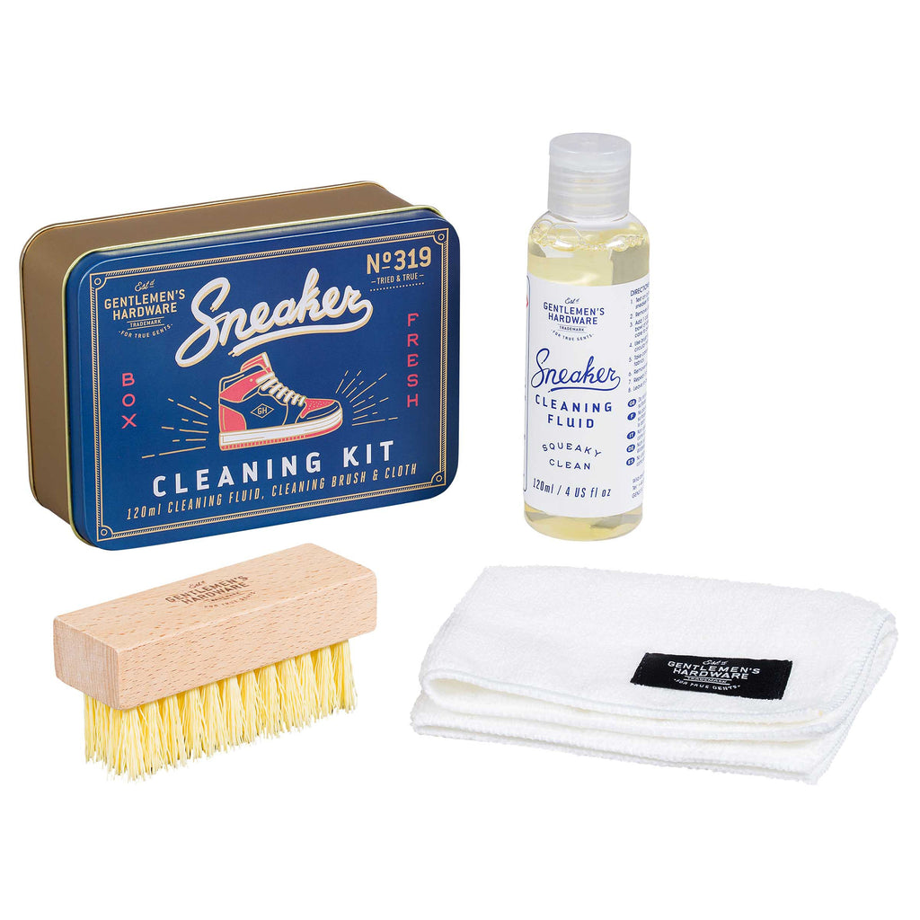 sneaker cleaning fluid with cloth and brush with tin packaging