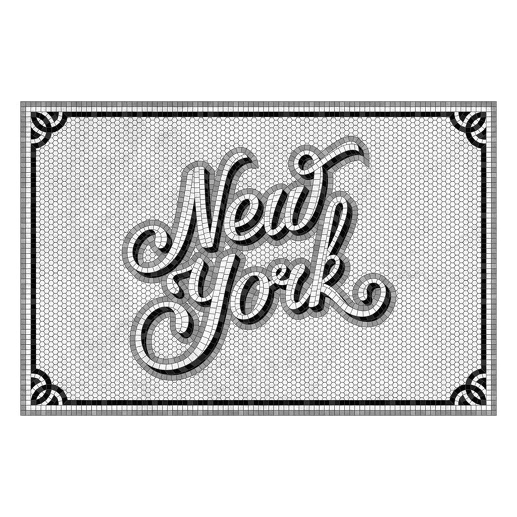 a & a story decorative vinyl floor mat that looks like white mosaic tiles with a gray and black border and "New York" in a script font with black and gray outline