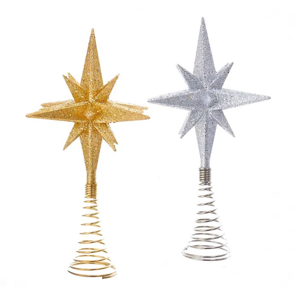 Kurt Adler gold and silver glitter 3d polaris star tree toppers.