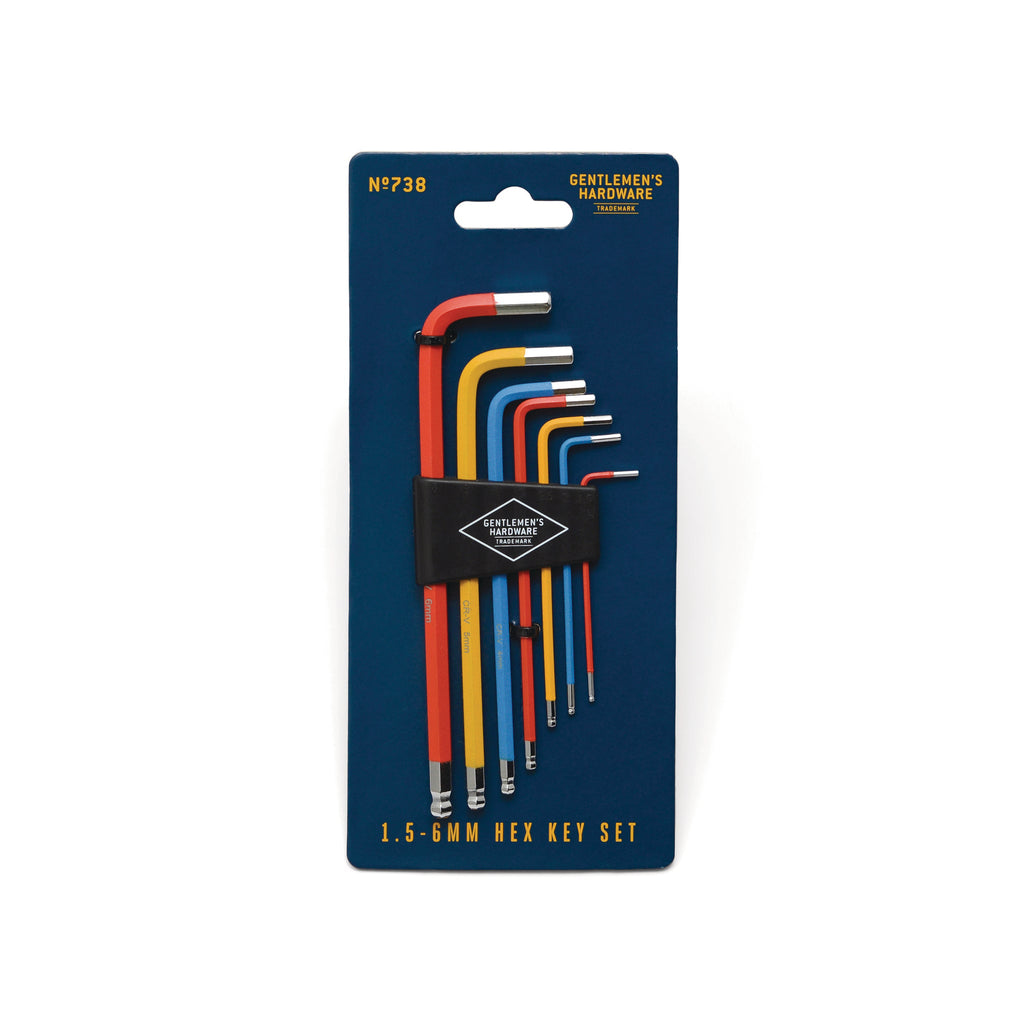 Gentlemen's Hardware red, blue and yellow Hex Key Set in sizes 1.5-6mm, on card packaging.
