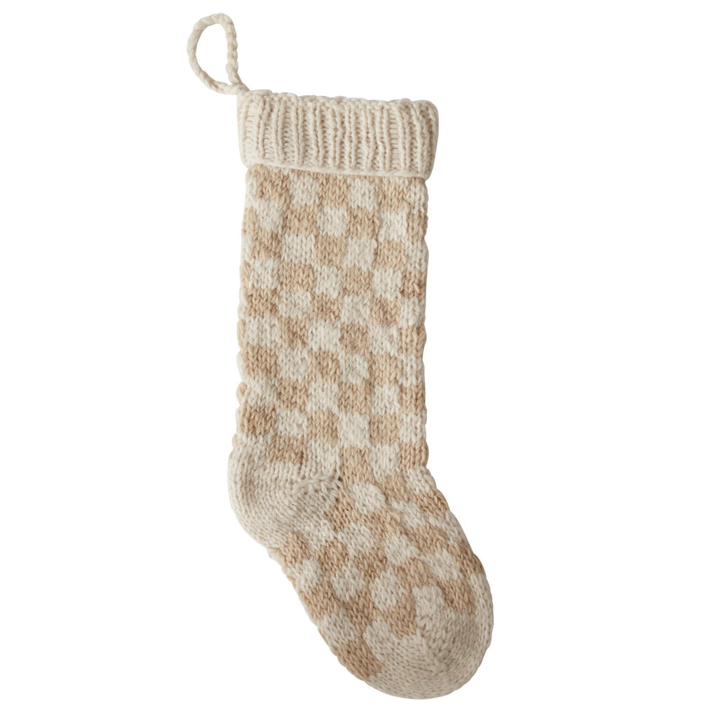 Accent Decor Damier beige and white checkerboard pattern knit holiday Christmas stocking.