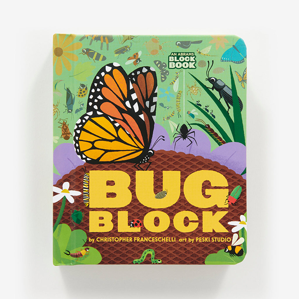 Front cover of Abrams Bug Block board book with illustrations of various bugs and insects. 