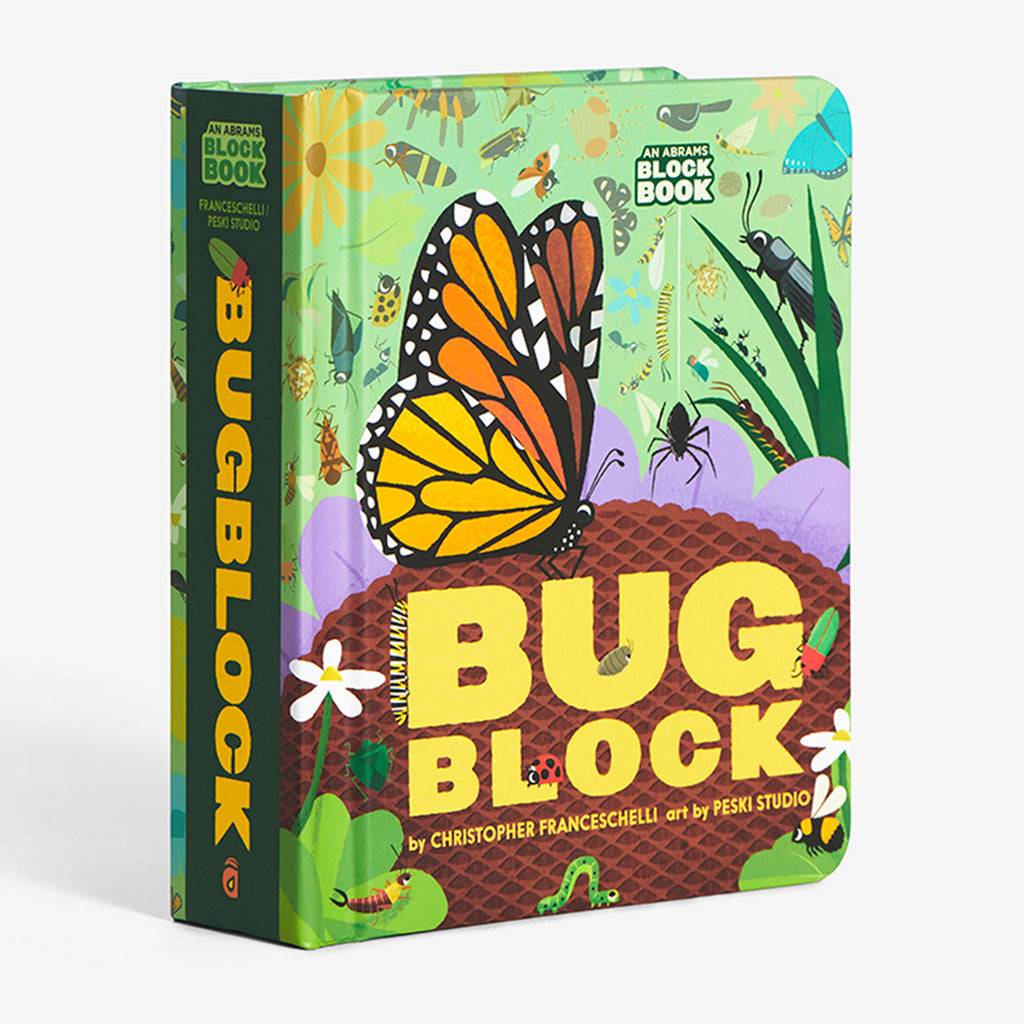 Front cover and spine of Abrams Bug Block board book with illustrations of various bugs and insects. 