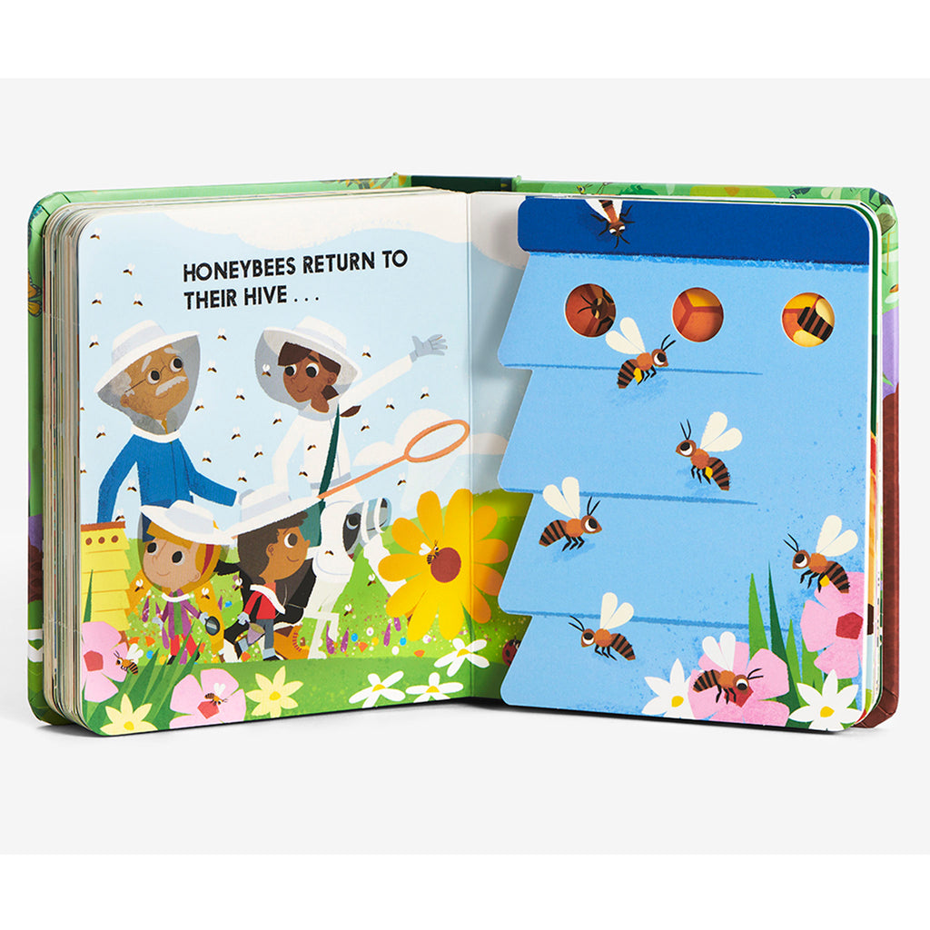 Sample page from Abrams Bug Block board book with illustrations of honeybees.