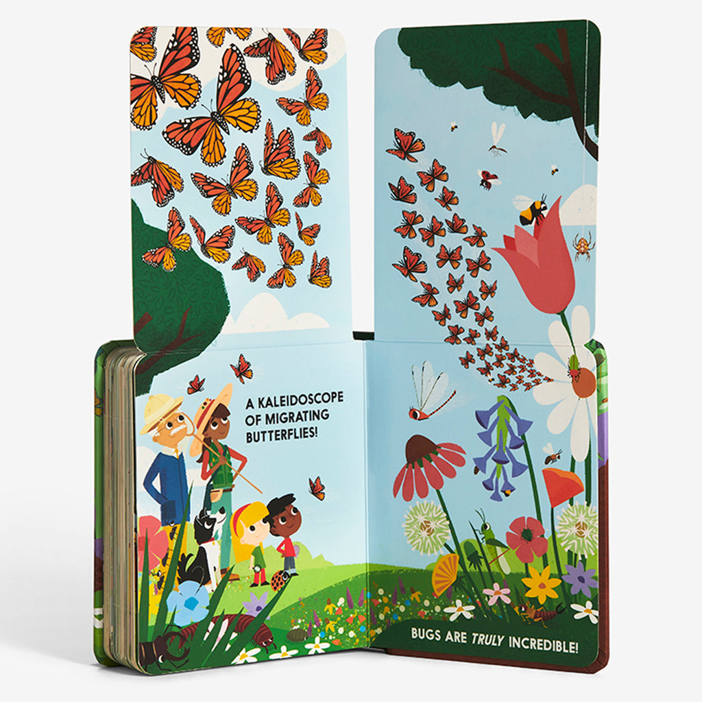 Sample page from Abrams Bug Block board book with page extended up to show illustrations of monarch butterflies in the sky.