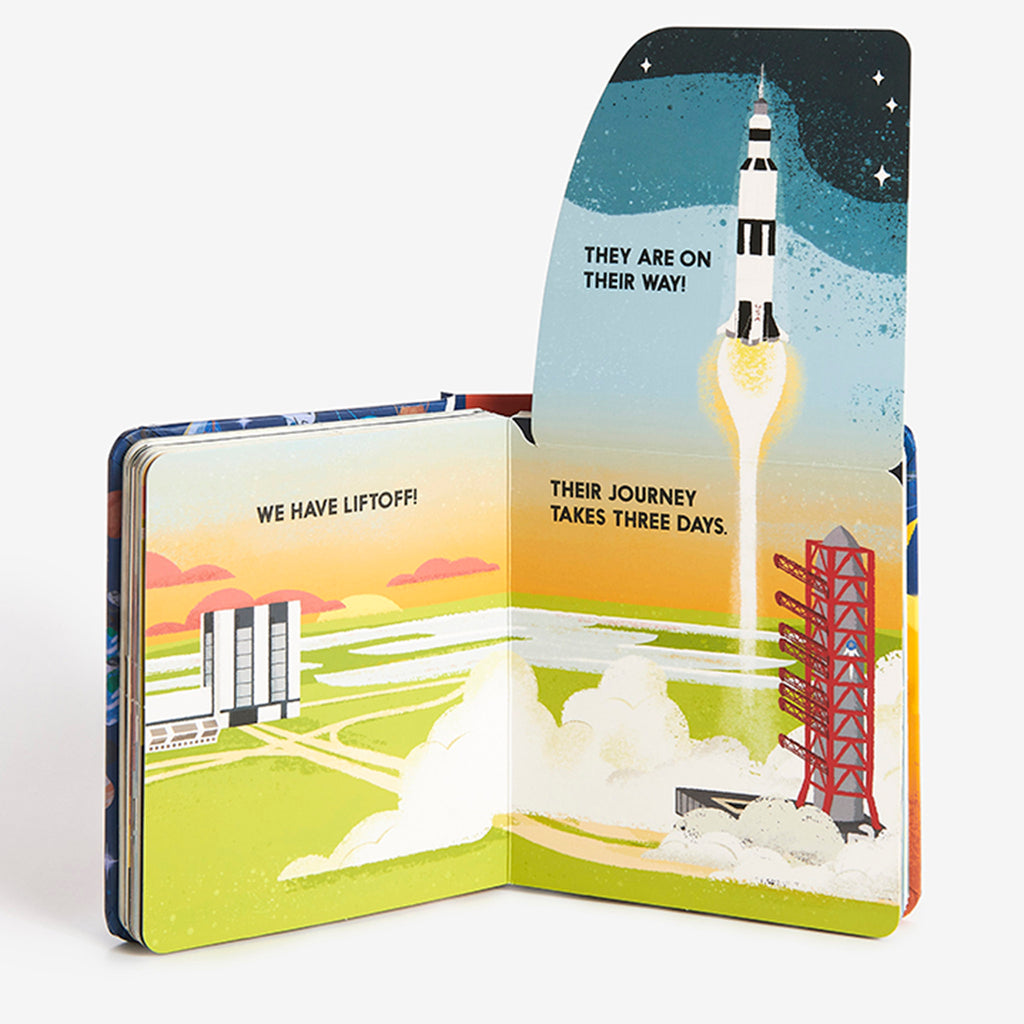 Spaceblock baby board book sample page depicting a rocket launch.