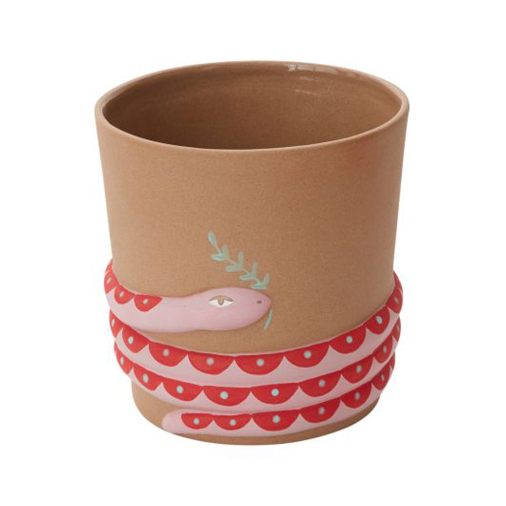 Accent Decor 5 inch clay pot with a patterned pink snake design coiled around the bottom.