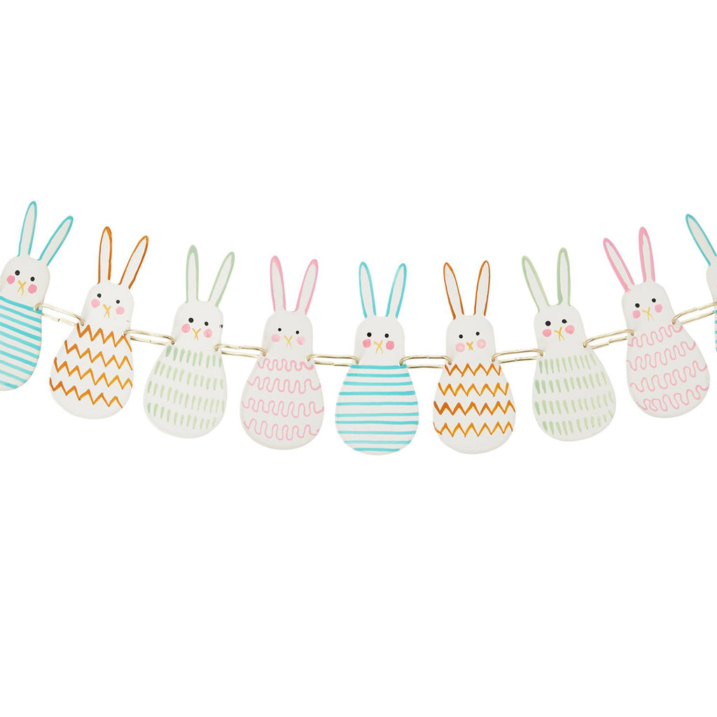 Accent Decor Pastel Bunny Garland, detail showing metal bunnies painted with blue, pink, orange or green pattern.