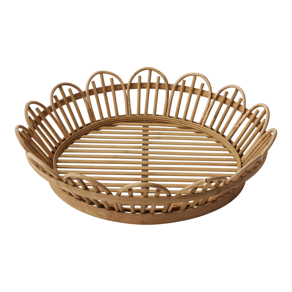 accent decor round bloemen wood serving tray with slat bottom and bent arch sides