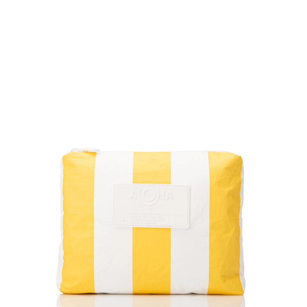 aloha collection small waterproof pouch in striped "riviera" pattern in citrus yellow and white front view with white zipper