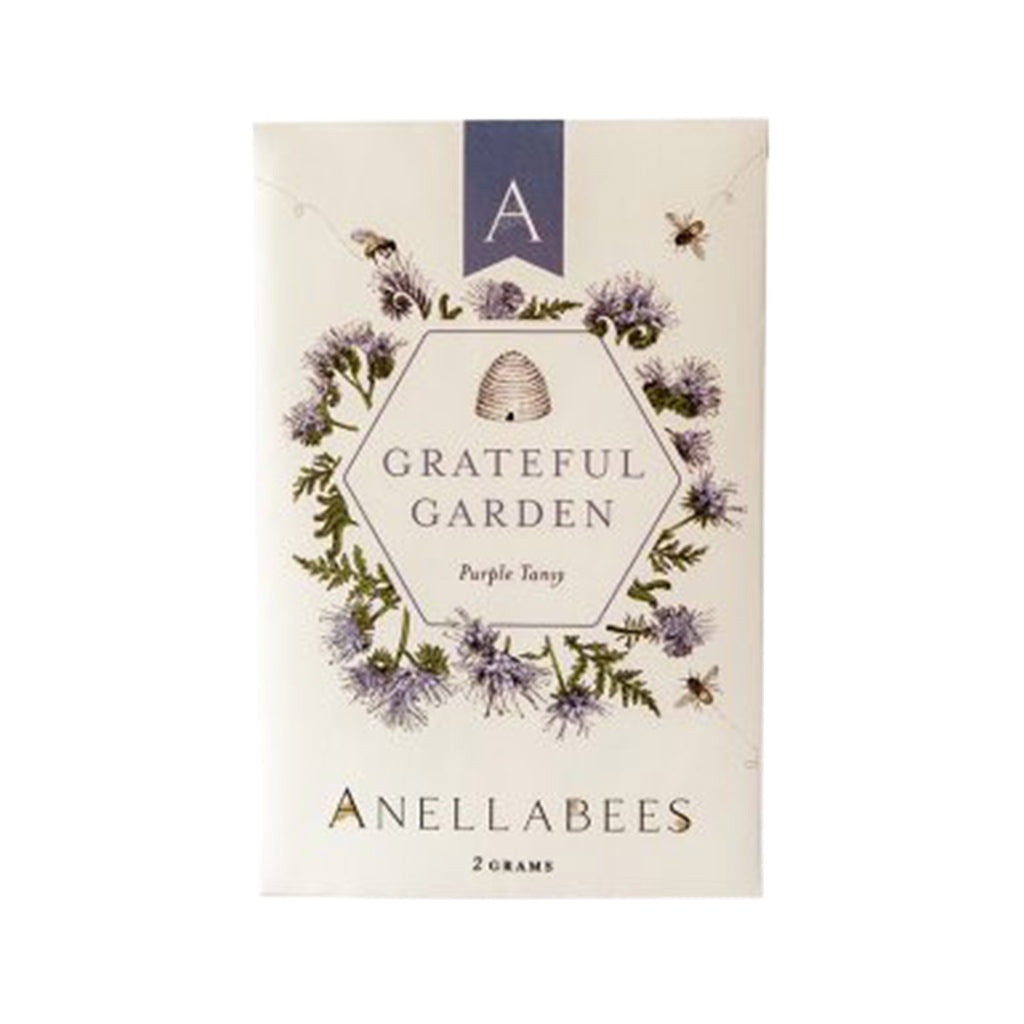 Anellabees Grateful Garden Purple Tansy Seeds in packet with purple flower and yellow bee illustrations.