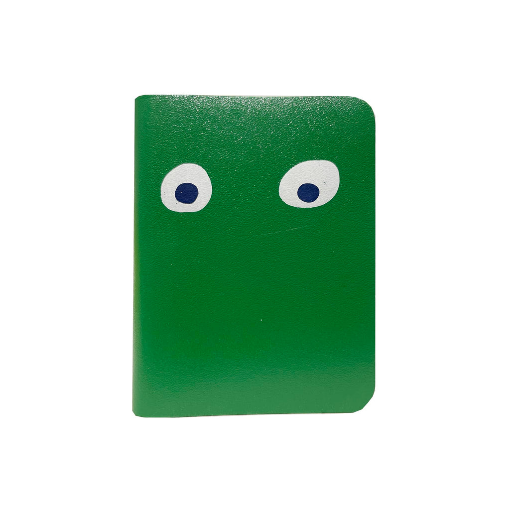 Ark Colour Design Googly Eye Mini Notebook with green leather cover, front view.