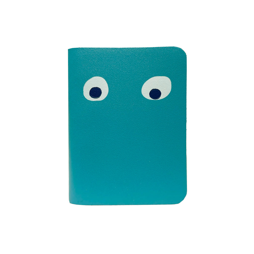 Ark Colour Design Googly Eye Mini Notebook with turquoise leather cover, front view.