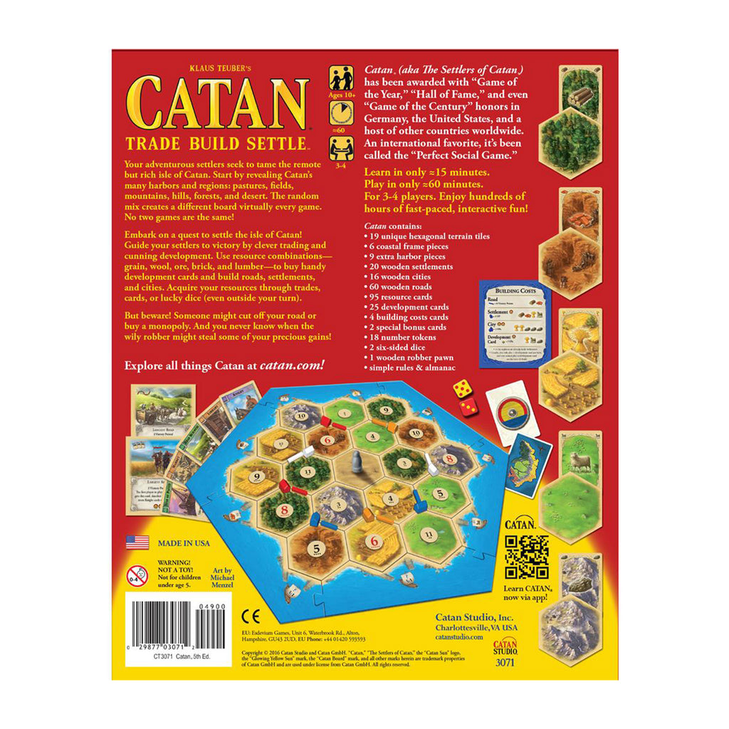 Back of packaging for Catan board game with description and other information.