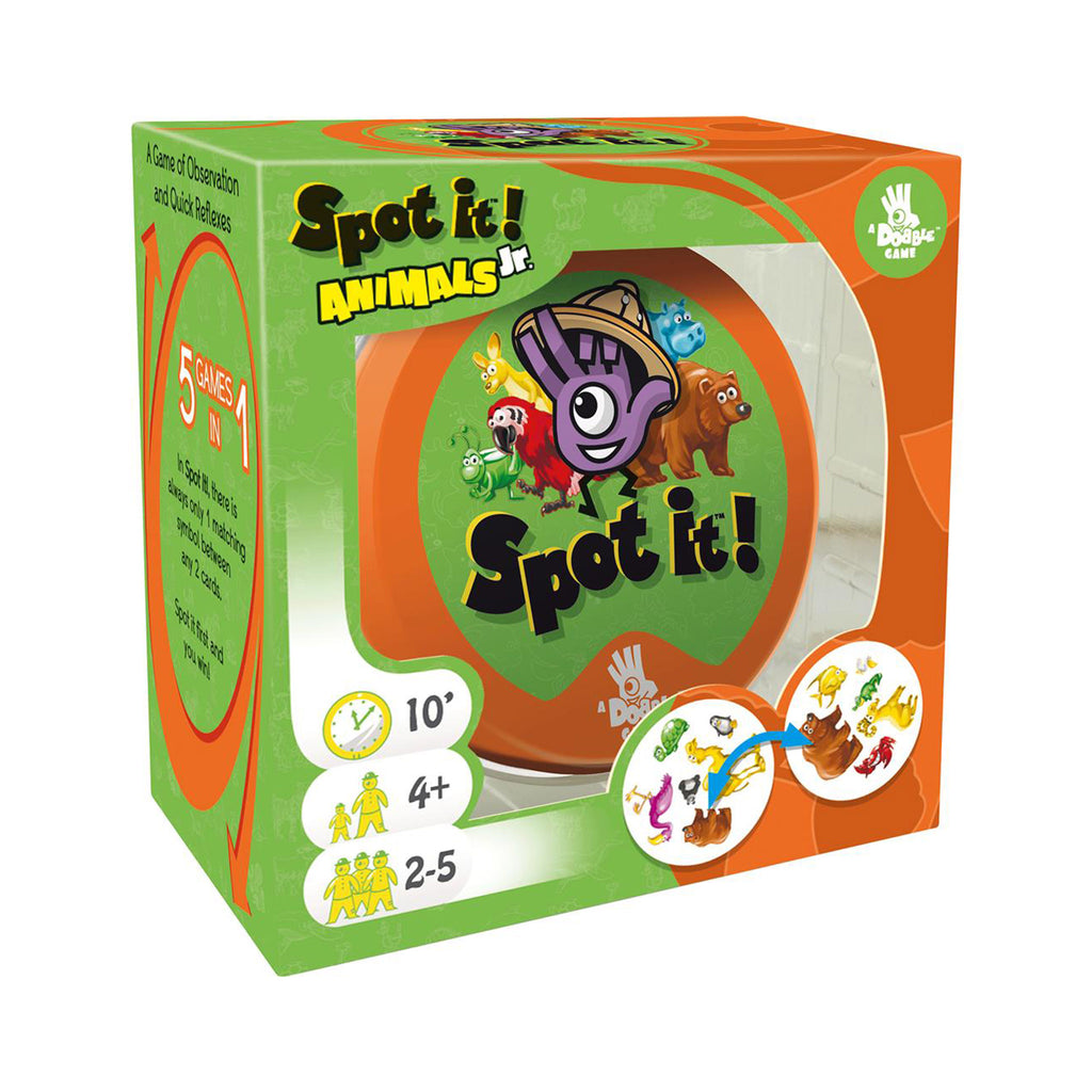 Asmodee Spot It! Junior edition with animals in round tin inside box packaging.