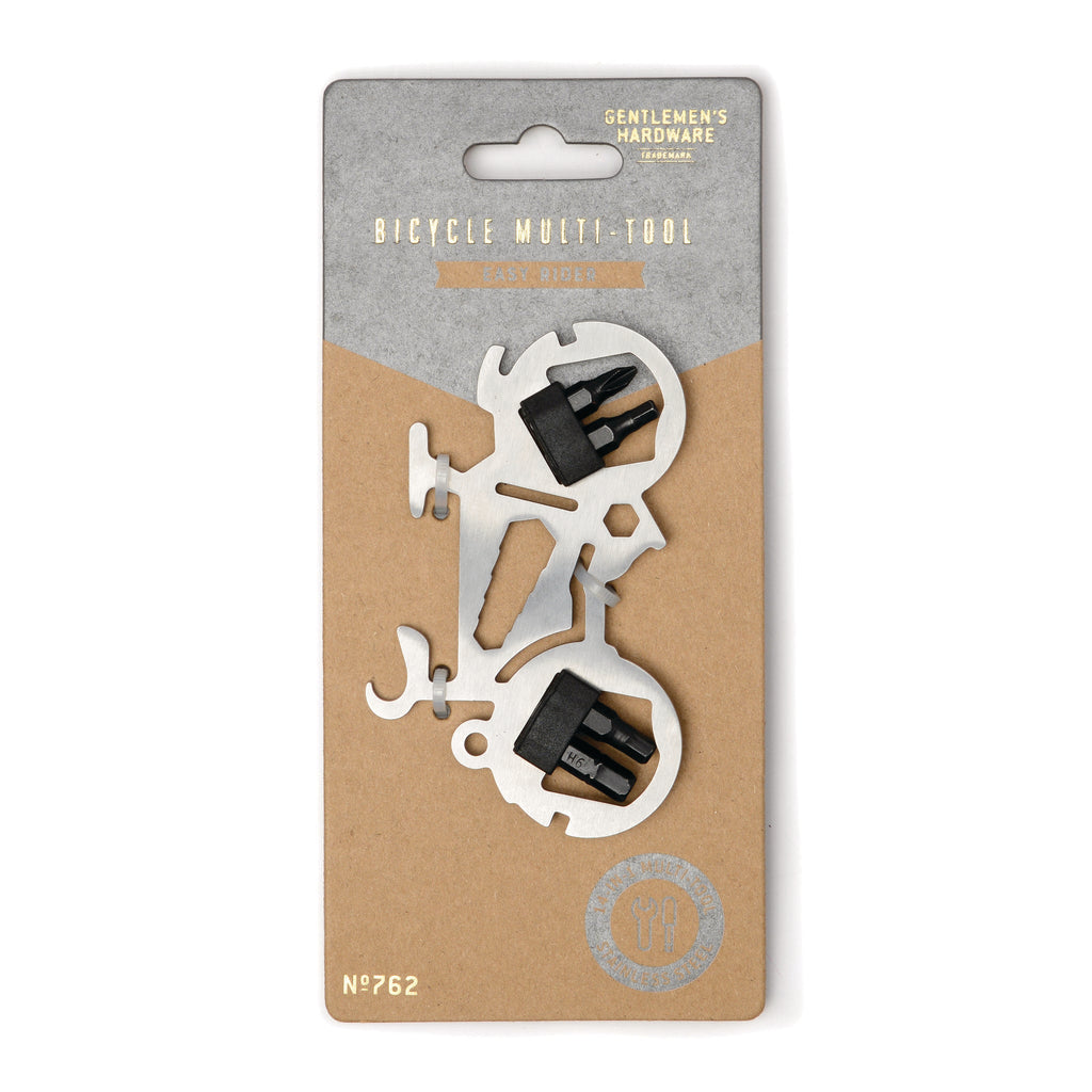 Gentlemen's Hardware Bicycle Shaped Multi-Tool on card packaging, front view.