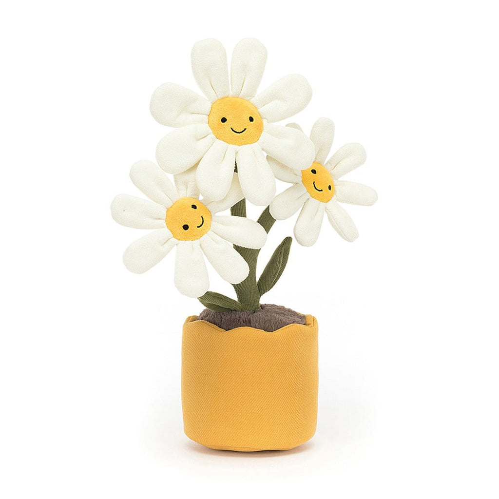 Jellycat Amuseable Daisy plush toy with 3 white flowers with yellow centers and stitched eyes and smiles in a yellow corduroy pot, front view.