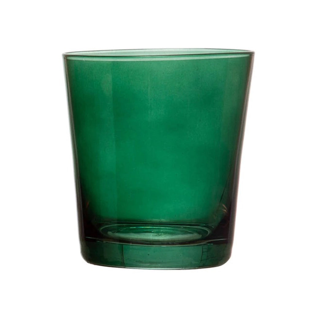 Creative Co-op 12 ounce low ball holiday drinking glass in green, side view.