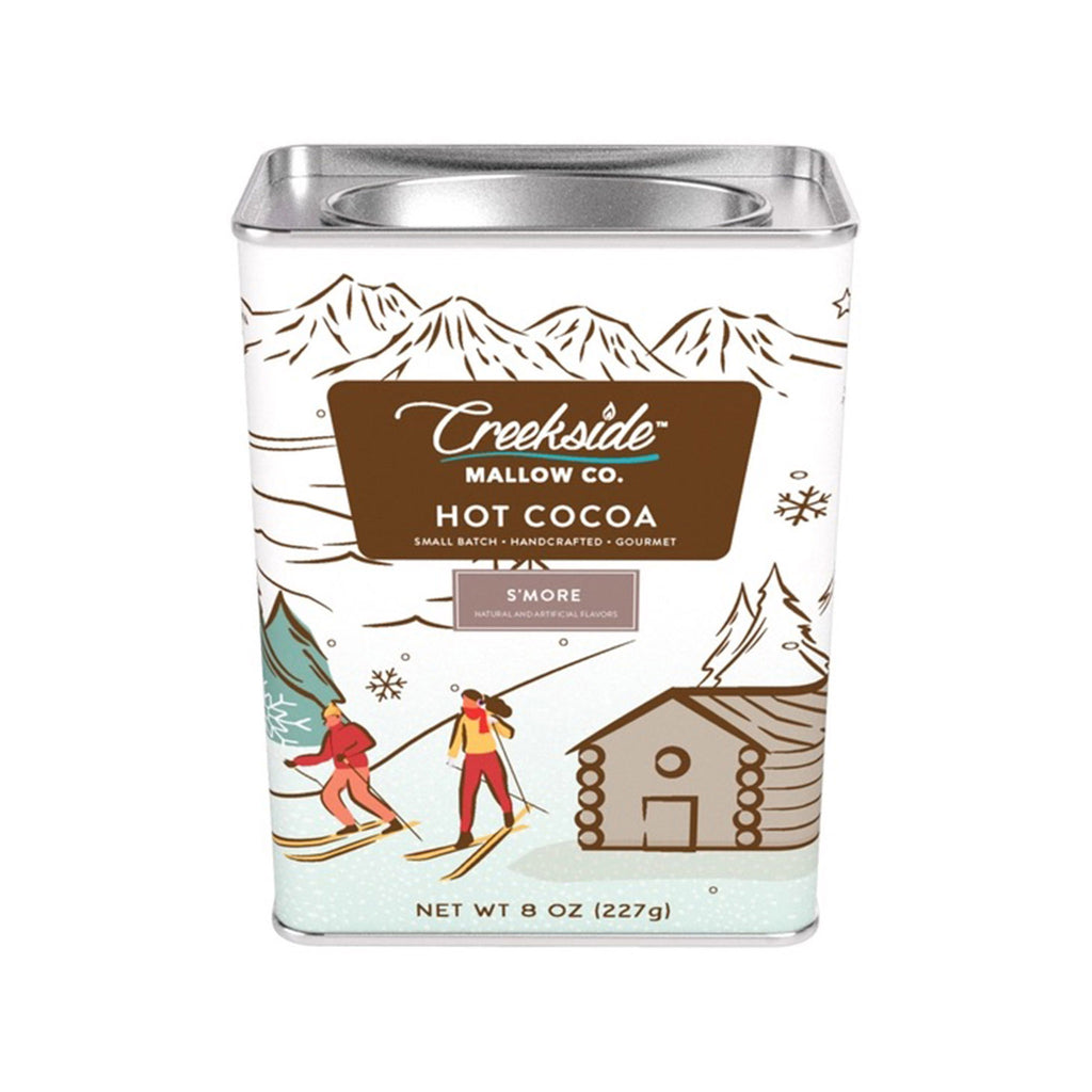 Creekside Mallow S'more Hot Cocoa Mix in illustrated 8 ounce tin packaging, front view.