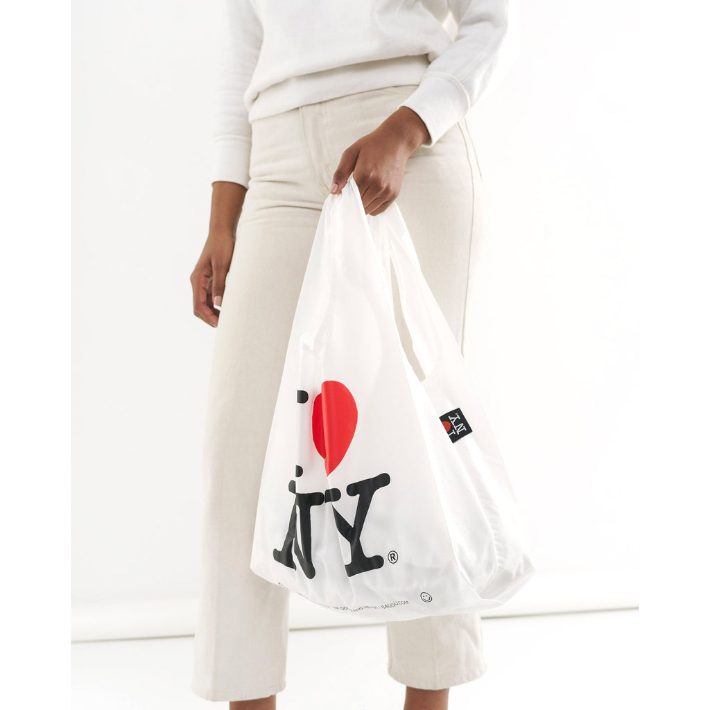 baggu standard ripstop nylon reusable shopping bag i love new york in hand