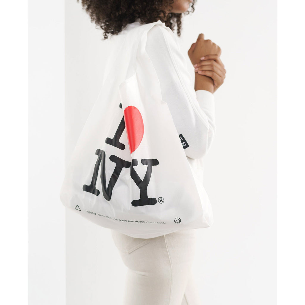 baggu standard ripstop nylon reusable shopping bag i love new york on shoulder