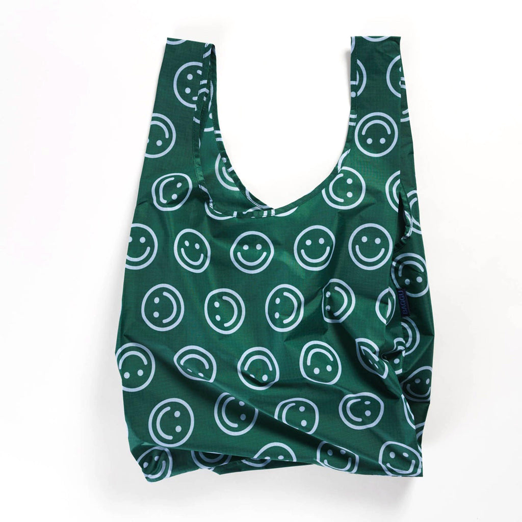 baggu standard size ripstop nylon reusable bag in forest green happy pattern open