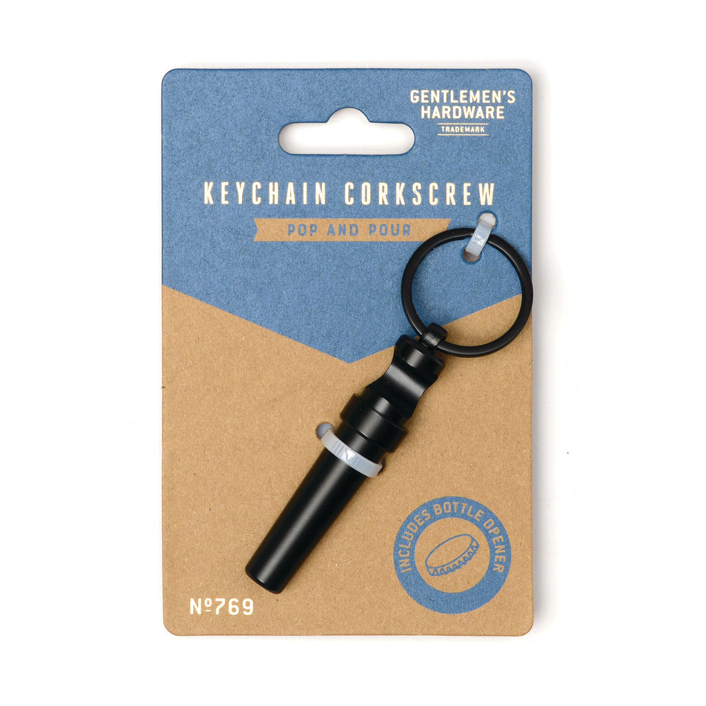 Gentlemen's Hardware Keychain Corkscrew on card packaging, front view.